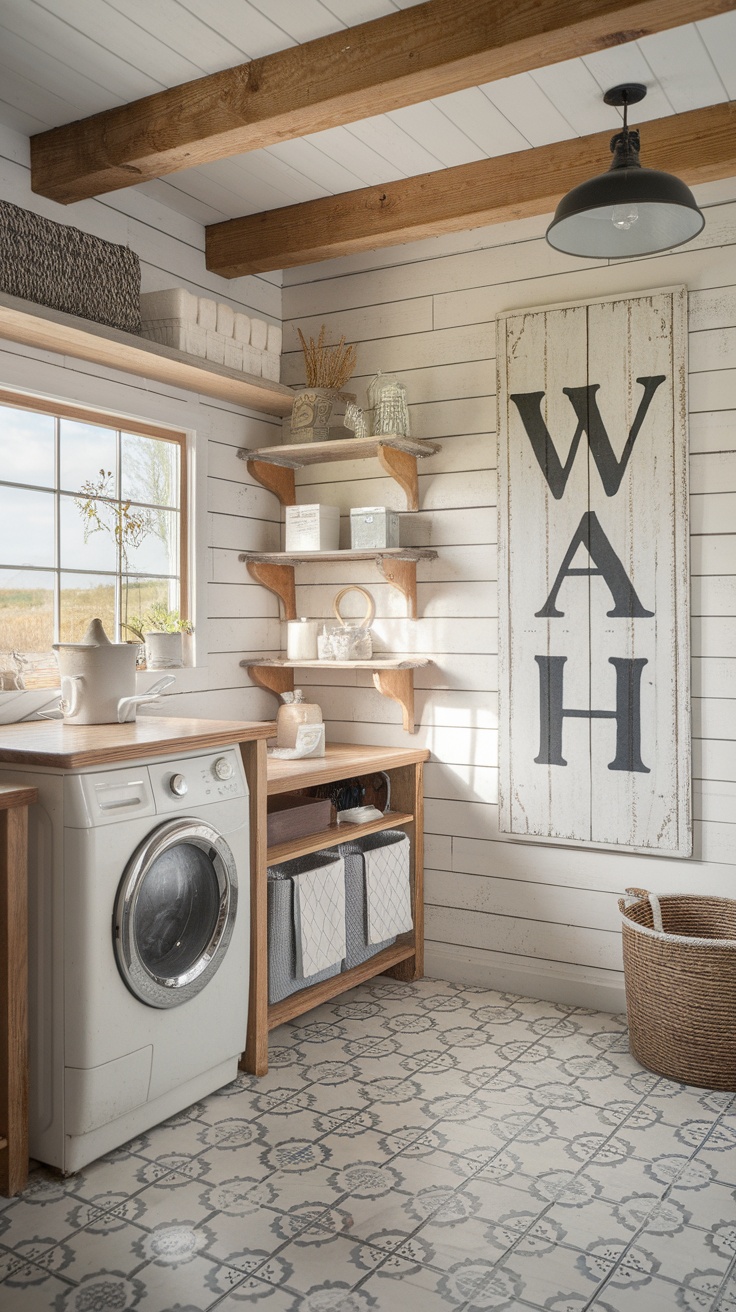 A cozy farmhouse laundry room with decorative wall art and wooden shelves.
