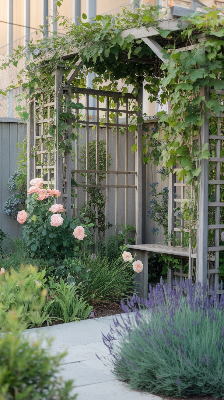 A small garden nook with a wooden structure covered in vines, featuring flowering plants and a bench.