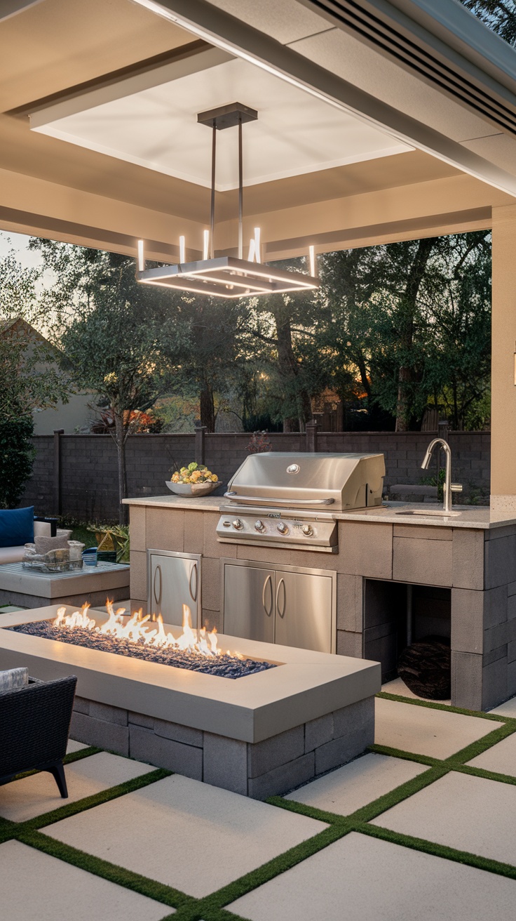 A modern backyard grilling area featuring a grill station, prep space, and lounge seating.