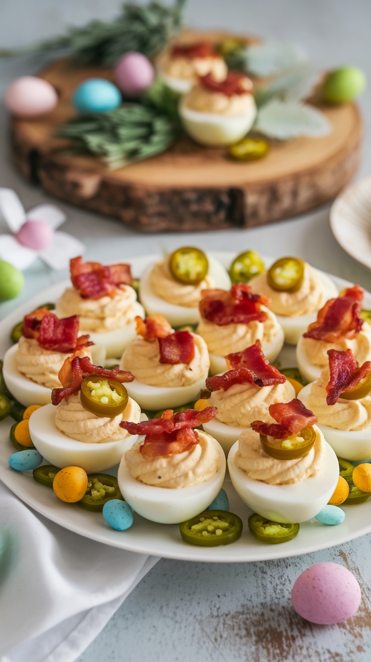 A platter of deviled eggs topped with bacon and jalapeños, surrounded by colorful Easter candy.