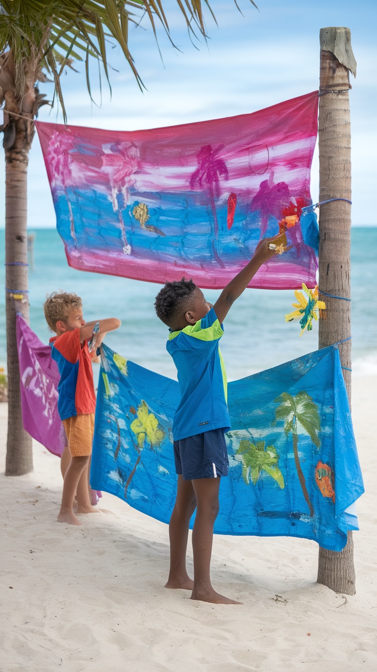 Two children painting colorful beach banners on the beach.
