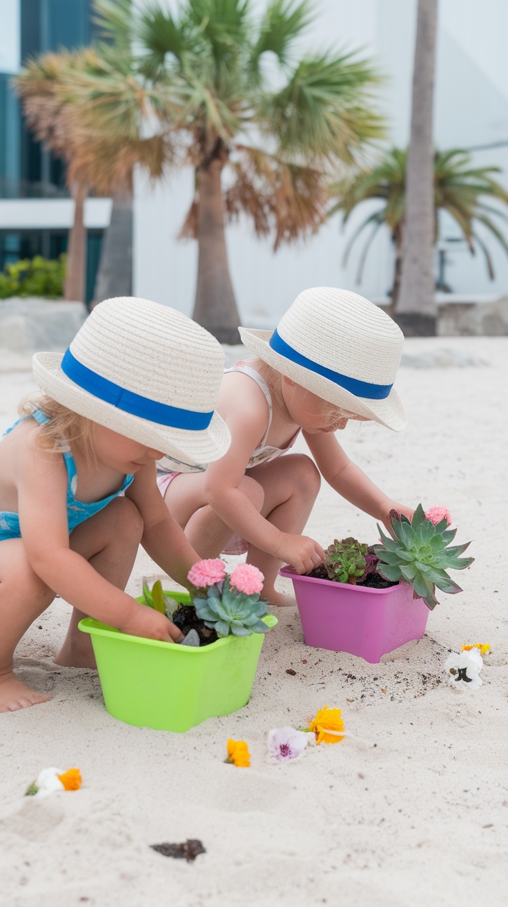 Two kids planting flowers in colorful buckets on the beach.