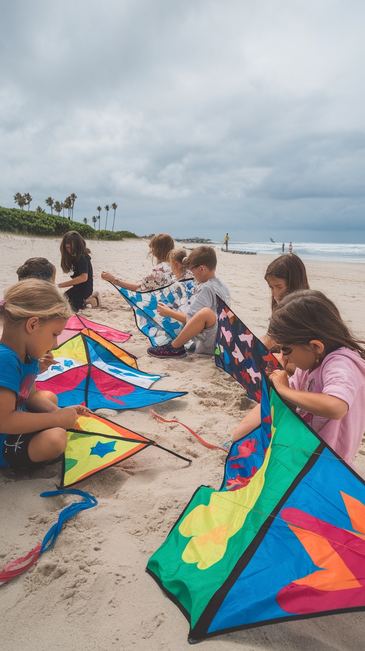 Kids assembling colorful kites on the beach