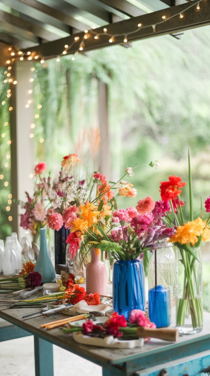 A vibrant flower arrangement station with colorful flowers and vases.