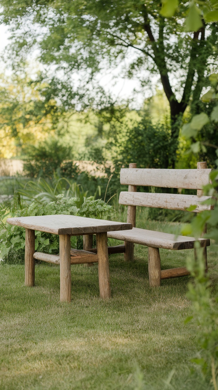 A rustic wooden bench and table set in a garden setting.