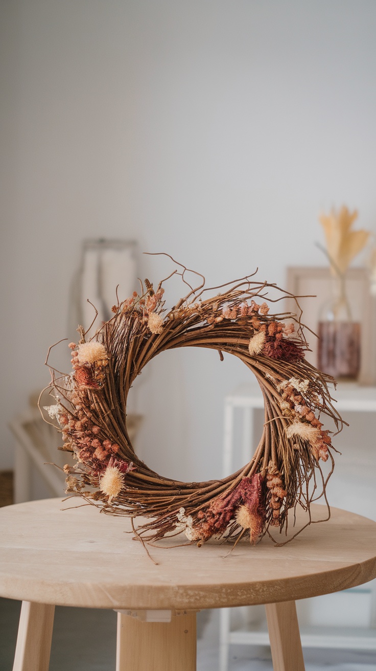 A beautifully crafted Easter wreath made of twigs and dried flowers on a wooden table.