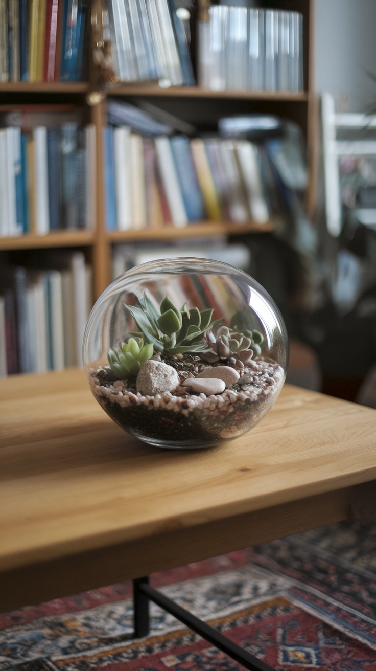 A beautiful, round glass terrarium filled with various small succulents and decorative stones.