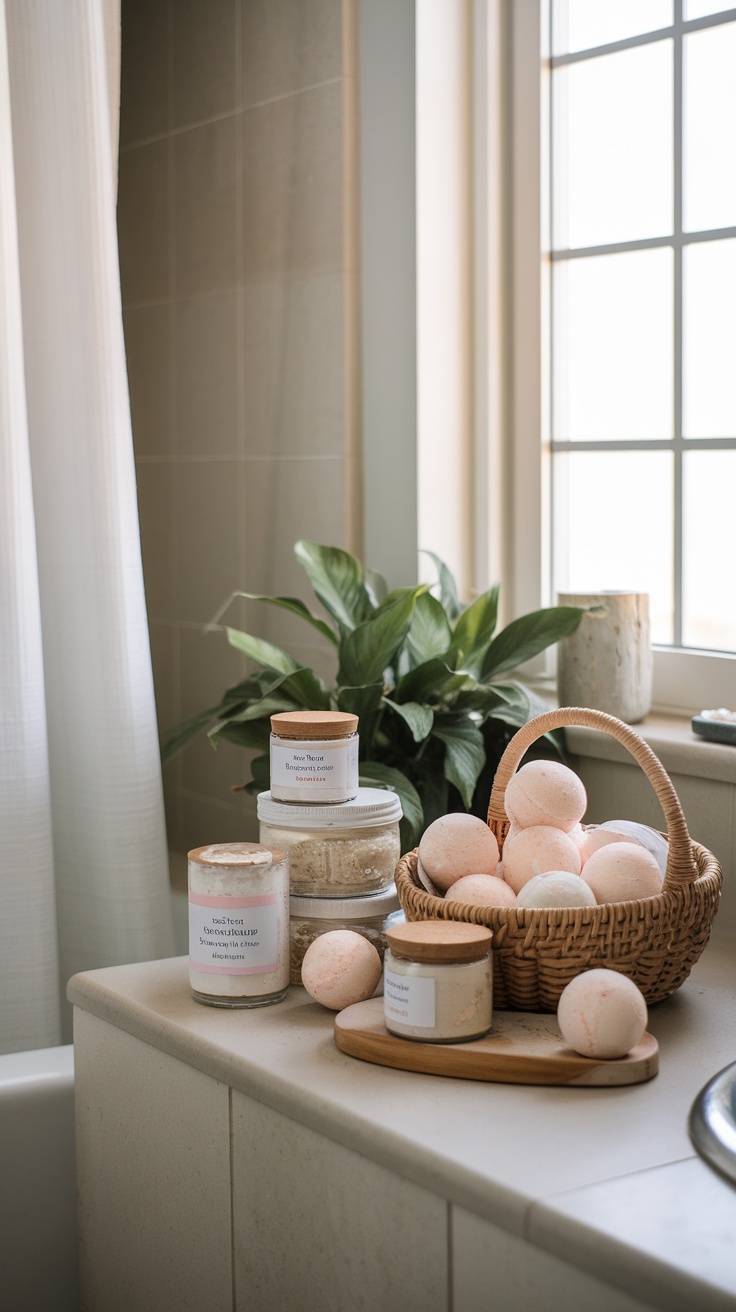 A collection of homemade spa products including bath bombs and scrubs in jars on a bathroom counter.