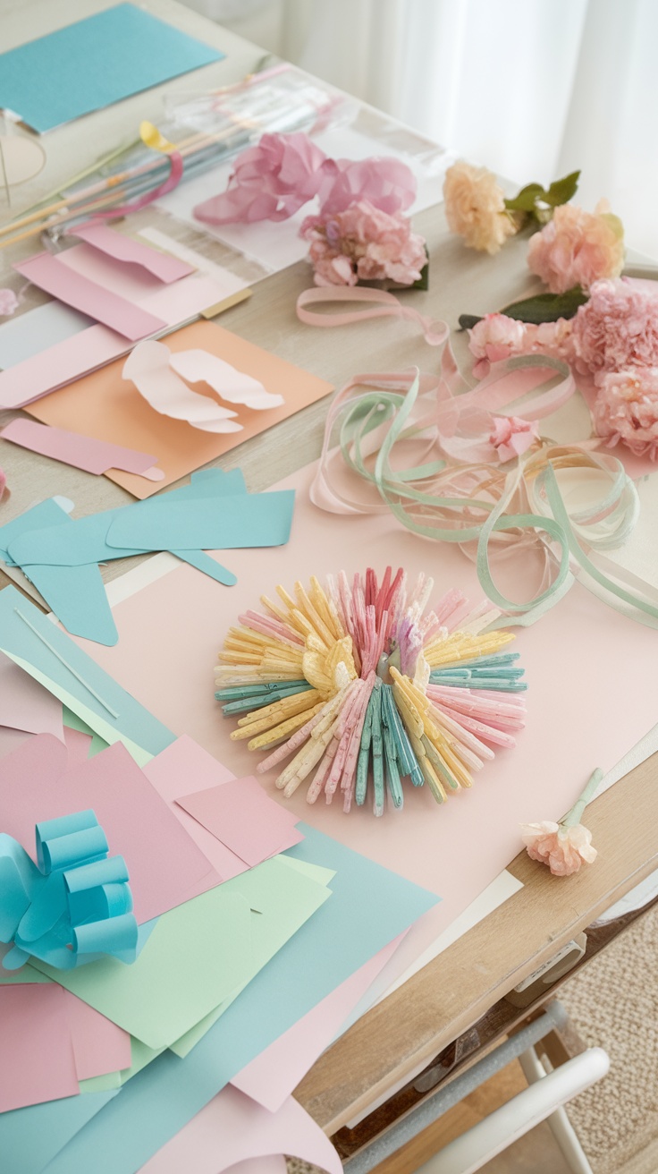 A table covered with colorful paper, flowers, ribbons, and a decorative arrangement, showcasing a spring DIY decor project.