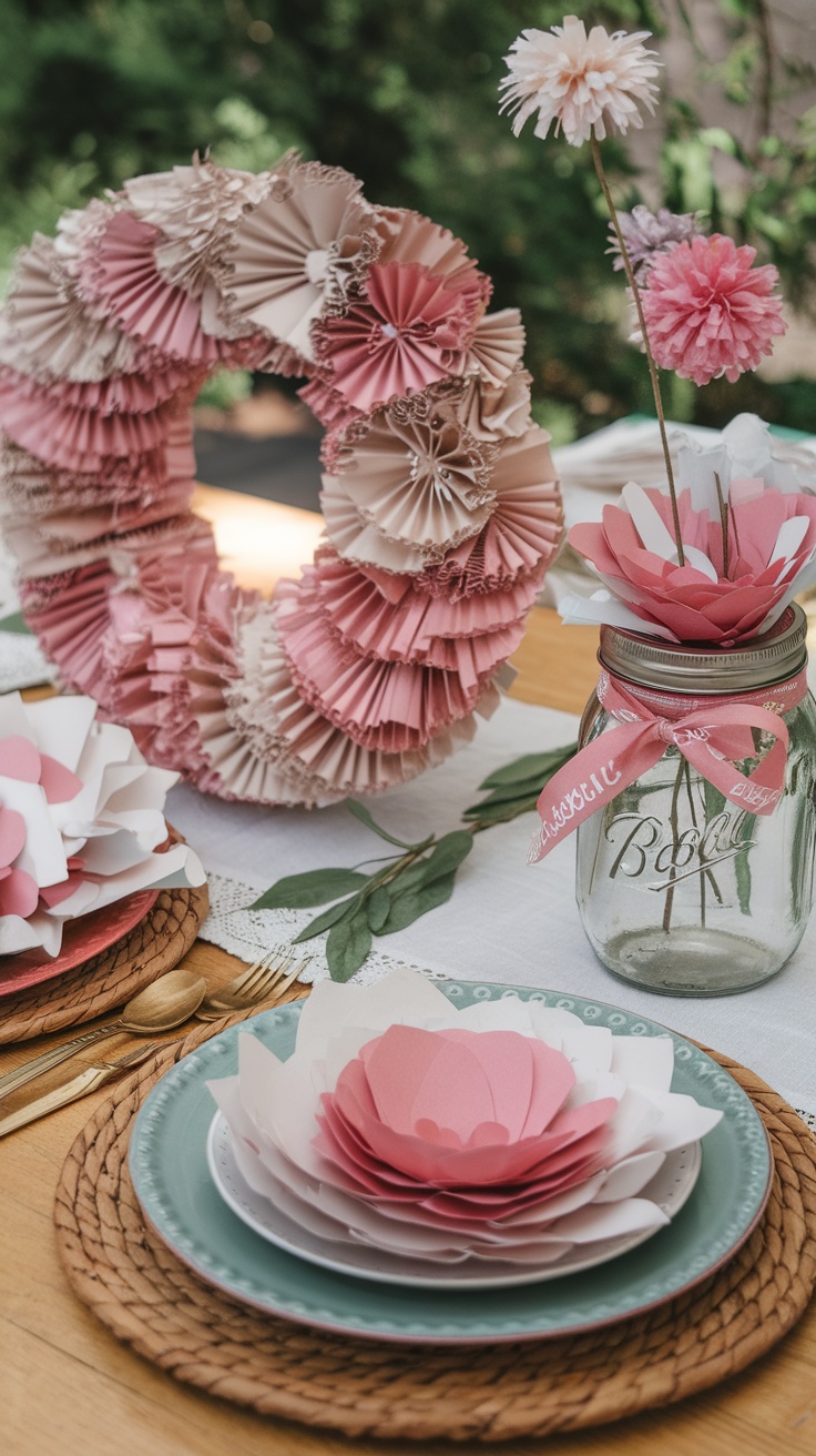 A cozy spring tablescape featuring mason jars with flowers, a wooden box filled with seashells, and a basket of oranges.