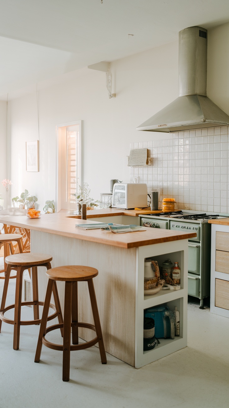 A cozy kitchen with a double-sided island featuring wooden seating and open shelving.