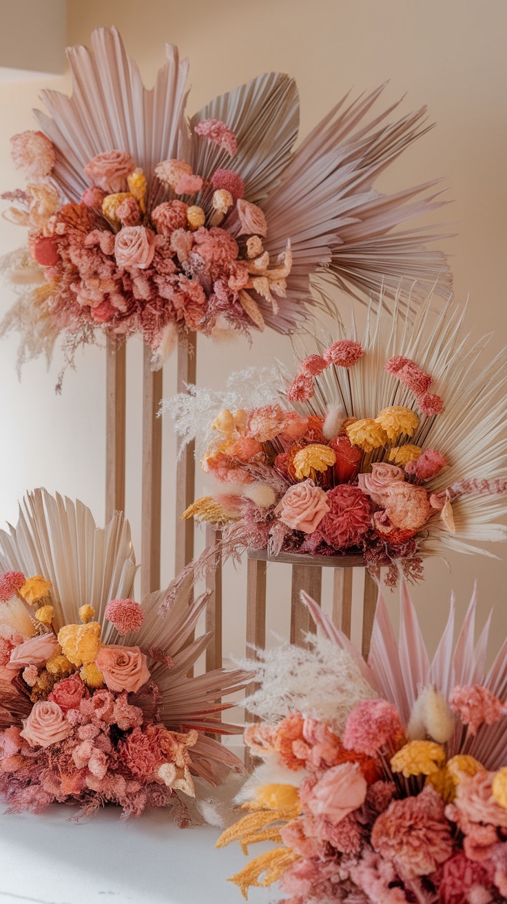 Colorful dried flower arrangements displayed on wooden stands.