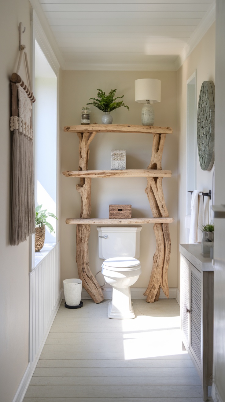 A bathroom featuring driftwood shelving and coastal decor.