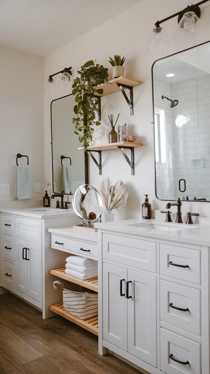 Modern farmhouse bathroom with dual vanity setup, featuring white cabinets, stylish mirrors, and decorative plants.