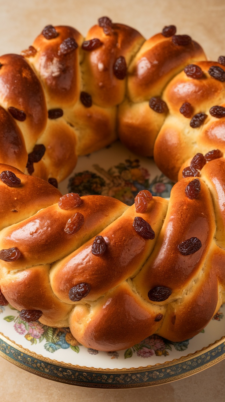 A braided Easter bread with raisins on a decorative plate.