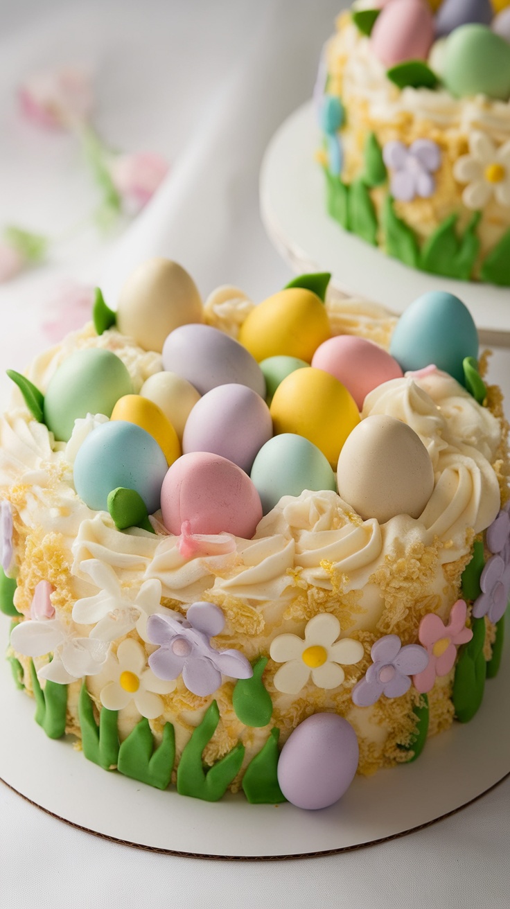 Easter Egg Surprise Cake decorated with colorful candy eggs and flowers