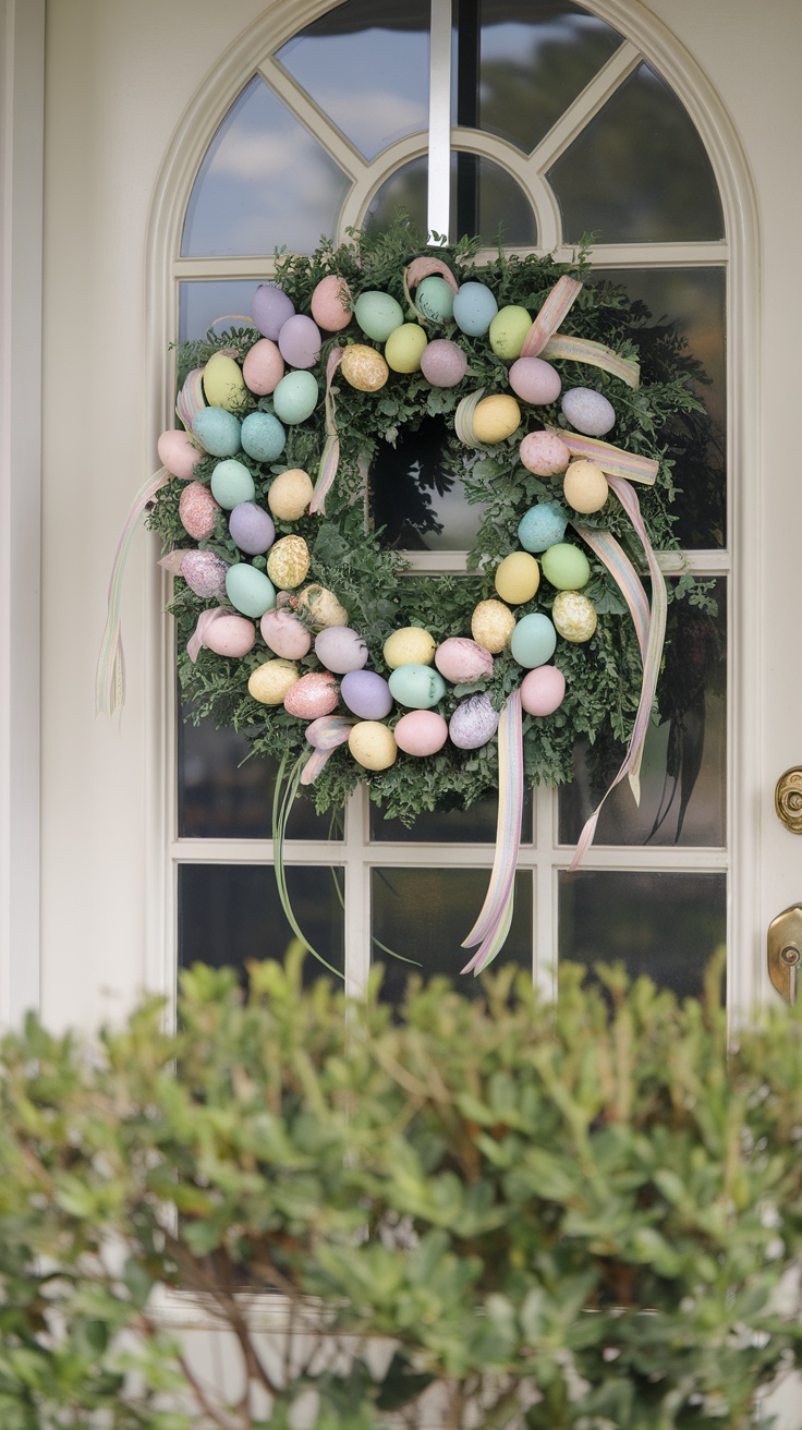 A decorative wreath made of colorful Easter eggs hanging on a door.