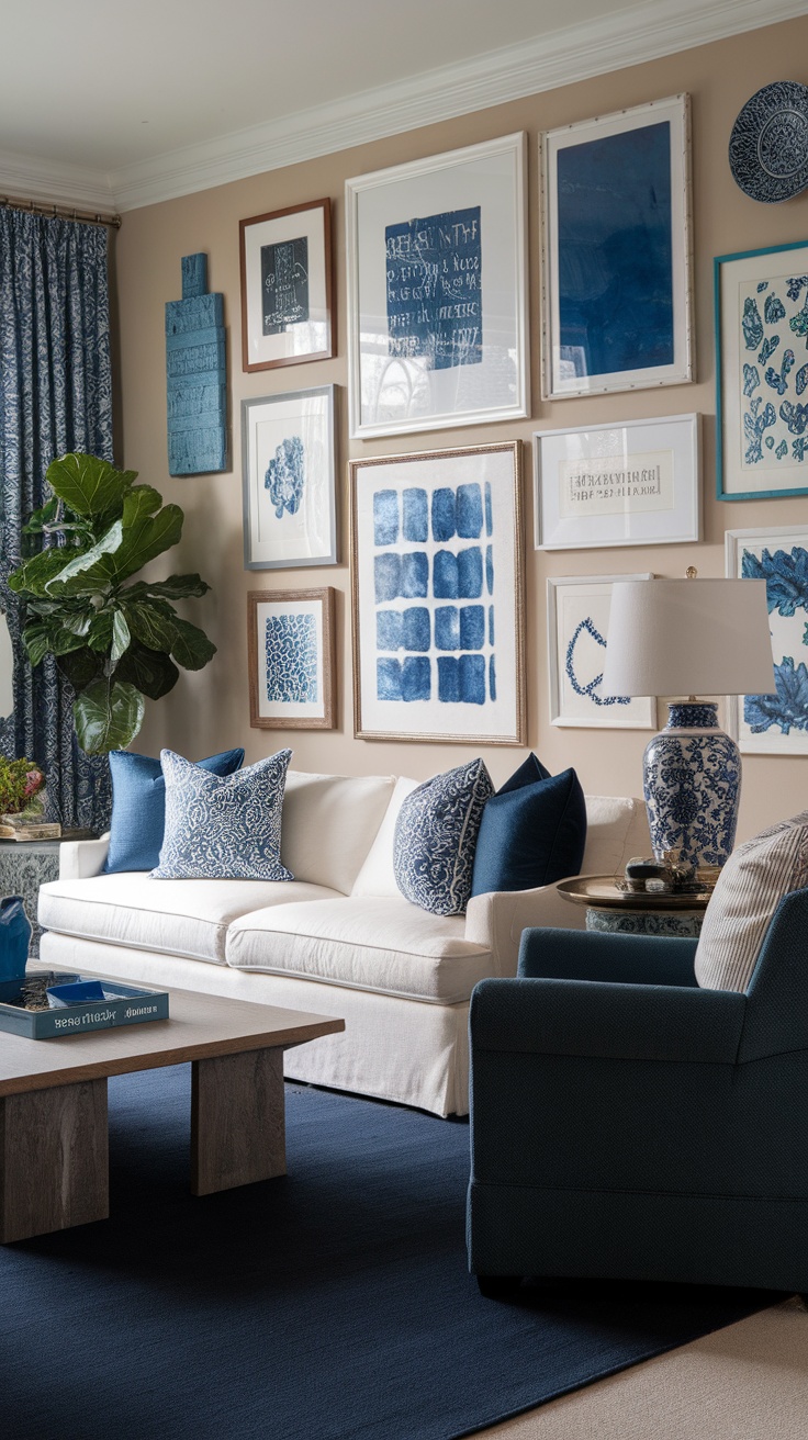 A cozy living room featuring a blue and white gallery wall, with various artworks and decorative elements.