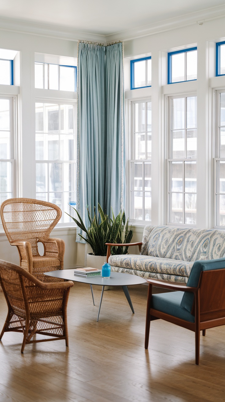 A cozy beach house living room with eclectic furniture arrangements featuring rattan chairs and a patterned sofa.