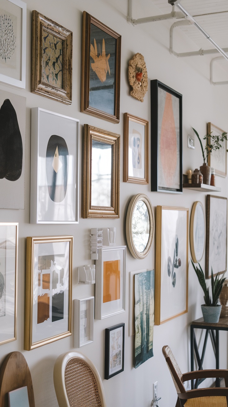 Gallery wall featuring a variety of art styles and frames.