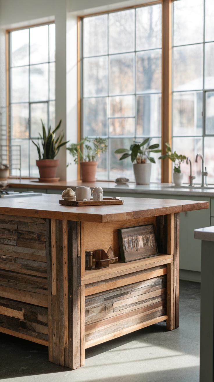 Eco-friendly kitchen island made with reclaimed materials, featuring a wooden structure and natural decor elements.