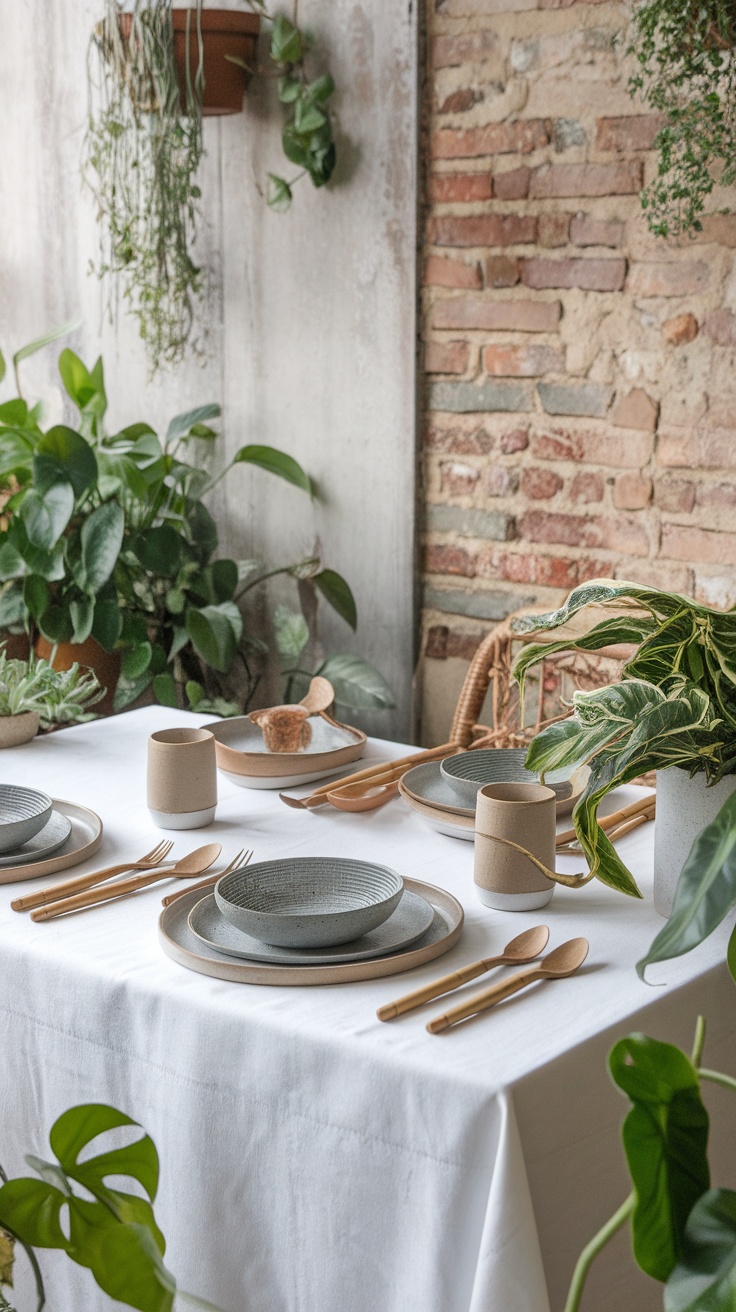 A spring tablescape featuring natural materials and live plants.