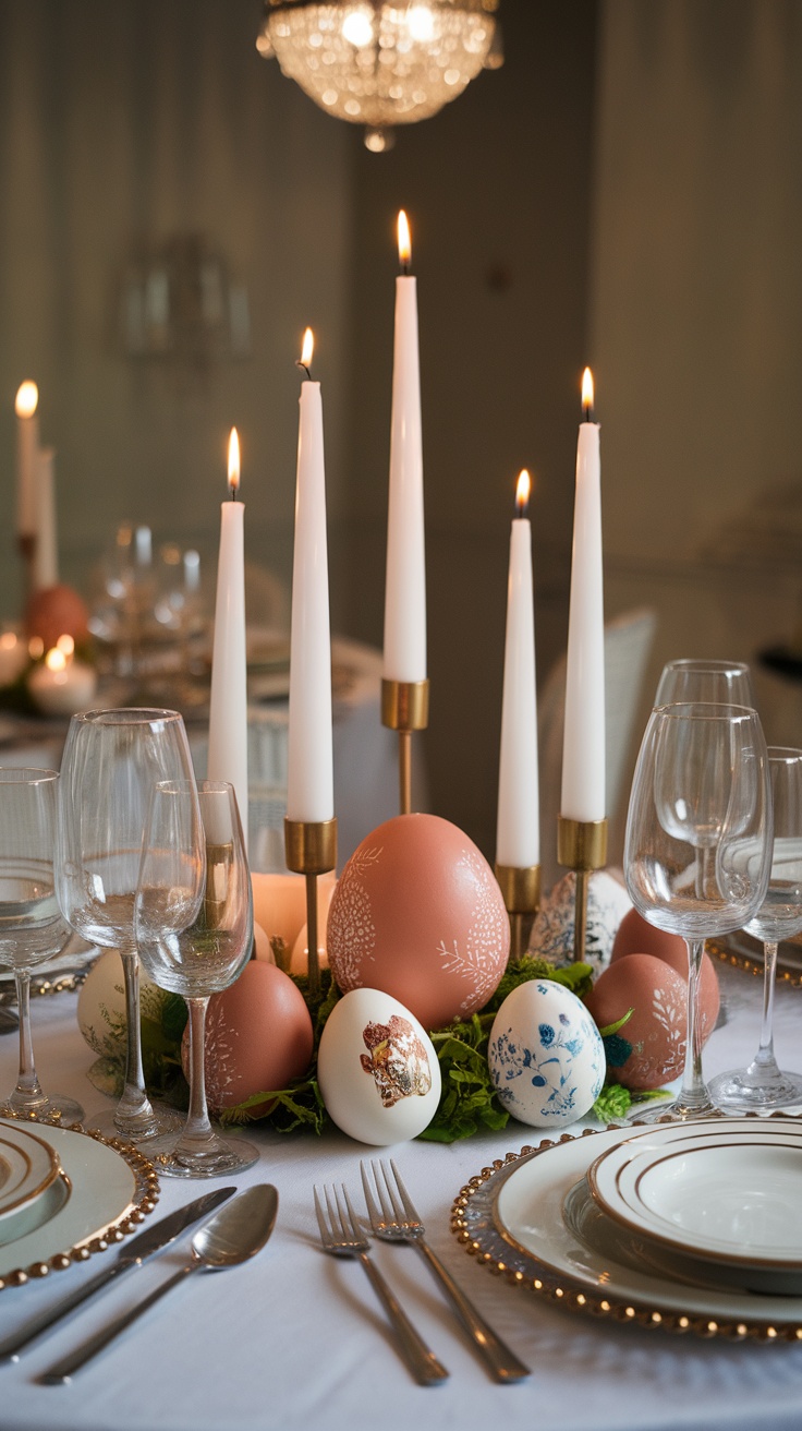 Easter table centerpiece featuring decorative eggs and candles