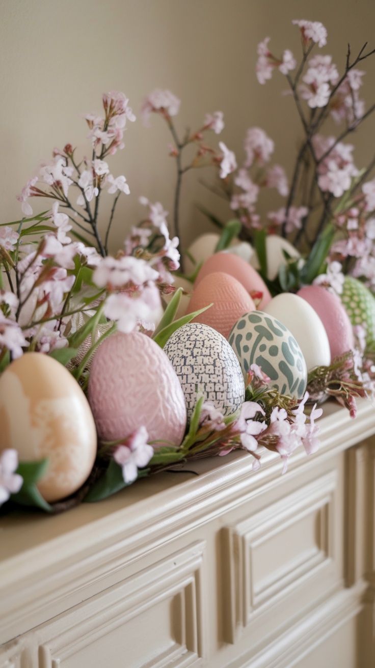 Decorative eggs in pastel colors arranged with flowers on a mantel.