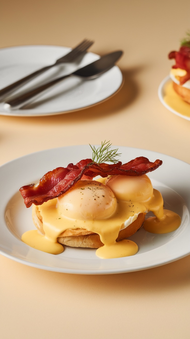 Eggs Benedict with Hollandaise sauce, bacon, and herbs on a plate.