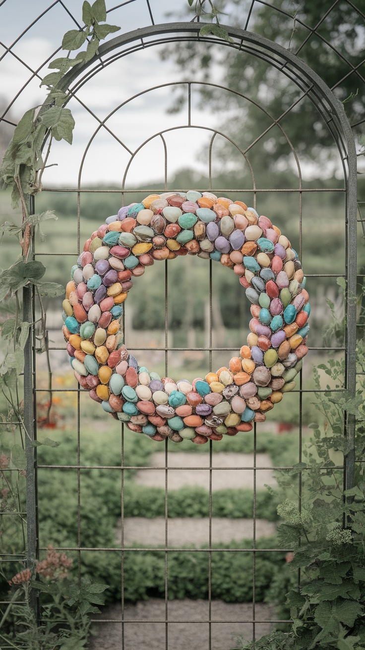 Colorful eggshell mosaic wreath hanging on a garden gate