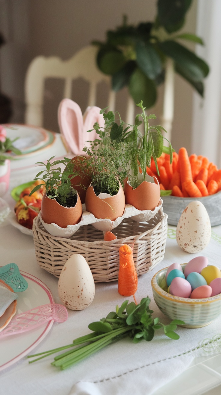 A table setting featuring eggshell planters with fresh herbs and decorative Easter elements.