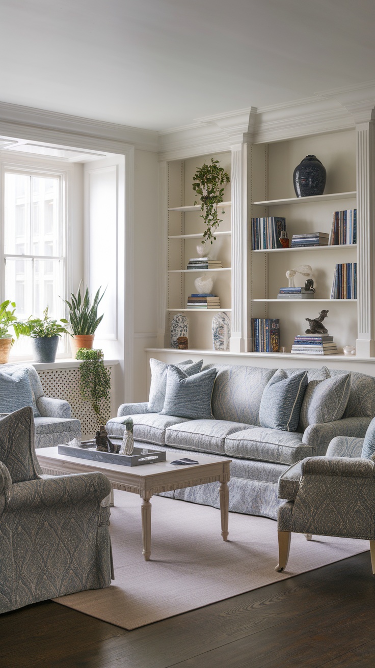 A cozy living room featuring blue and white patterned furniture and decor.