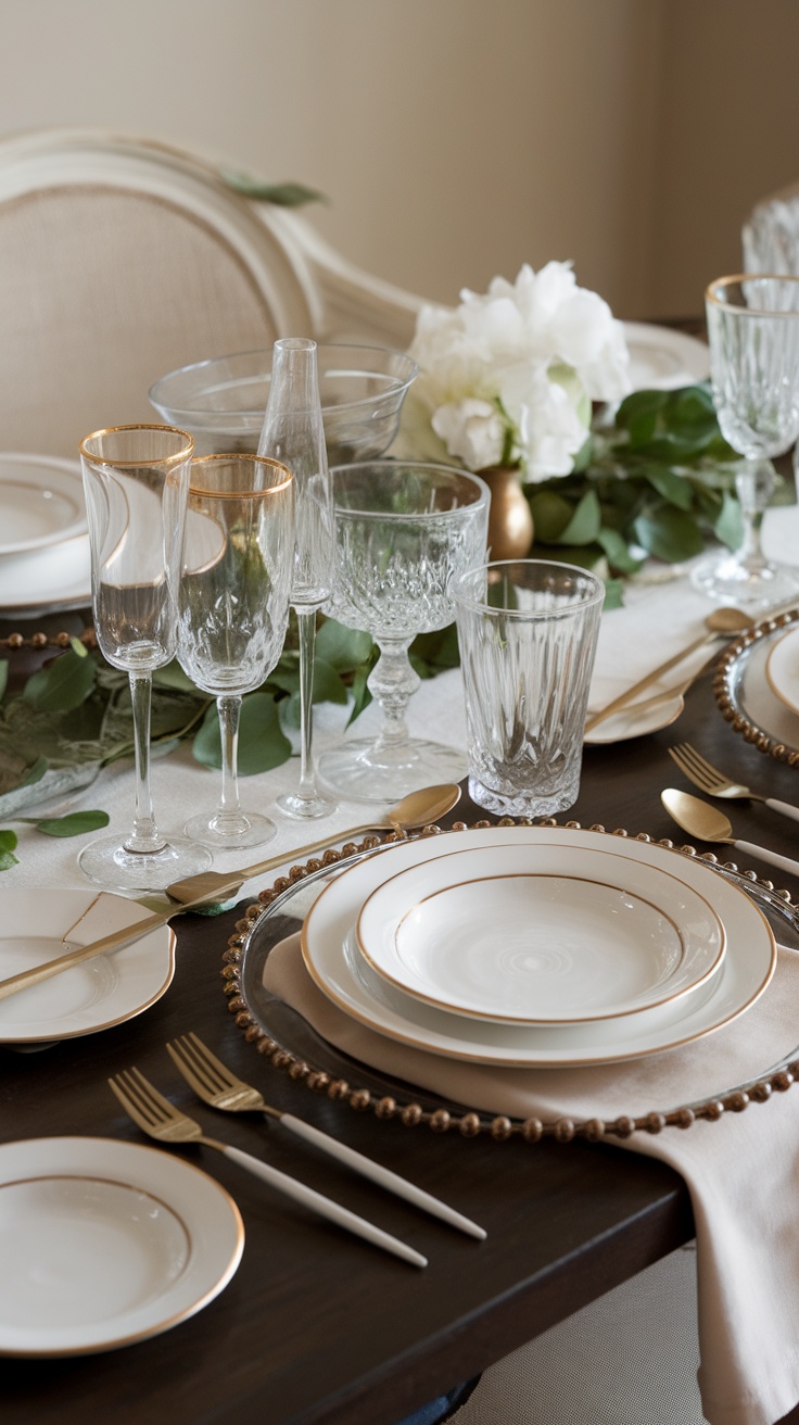 A beautifully set Easter table with elegant glassware and serveware.