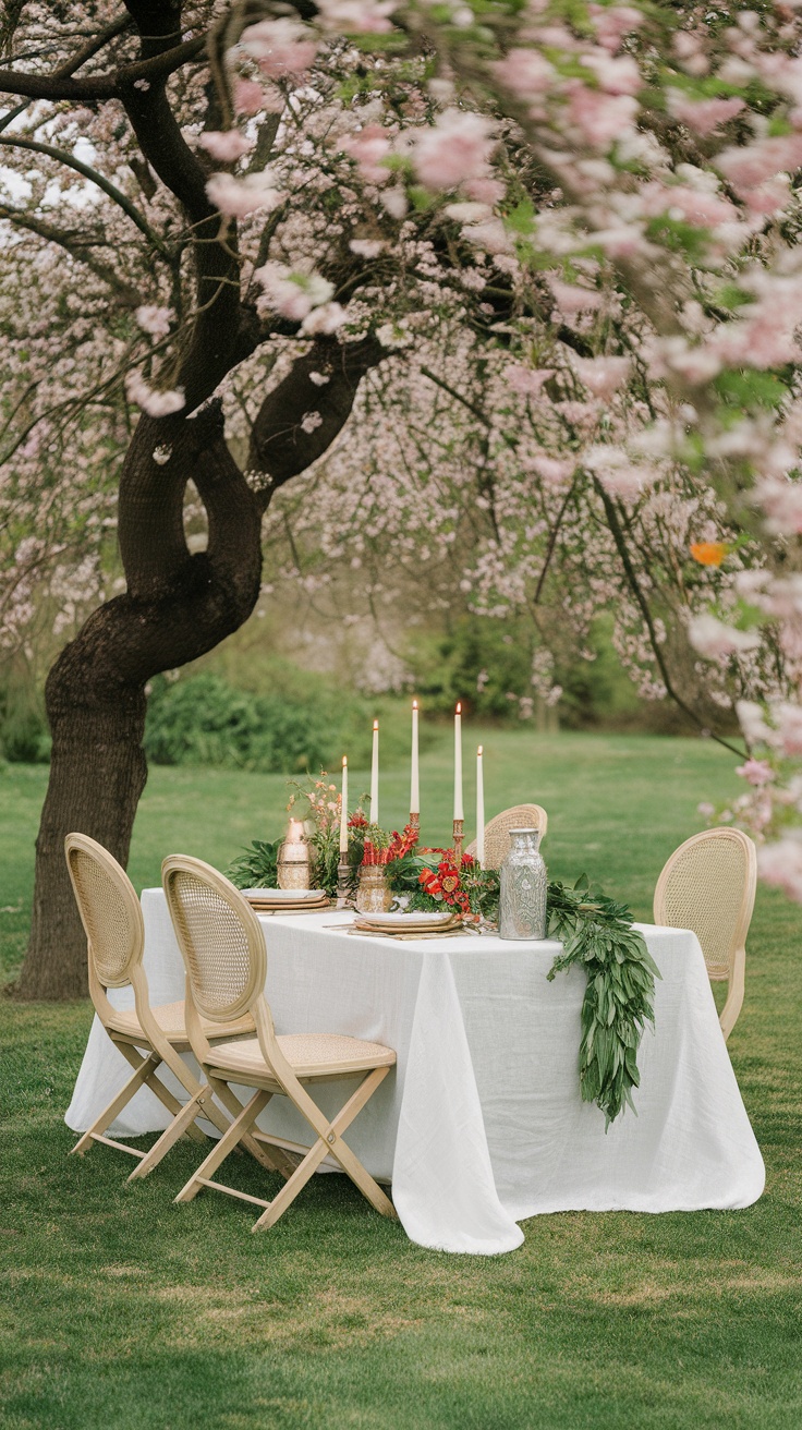 A beautifully arranged outdoor dining setup under blooming trees.