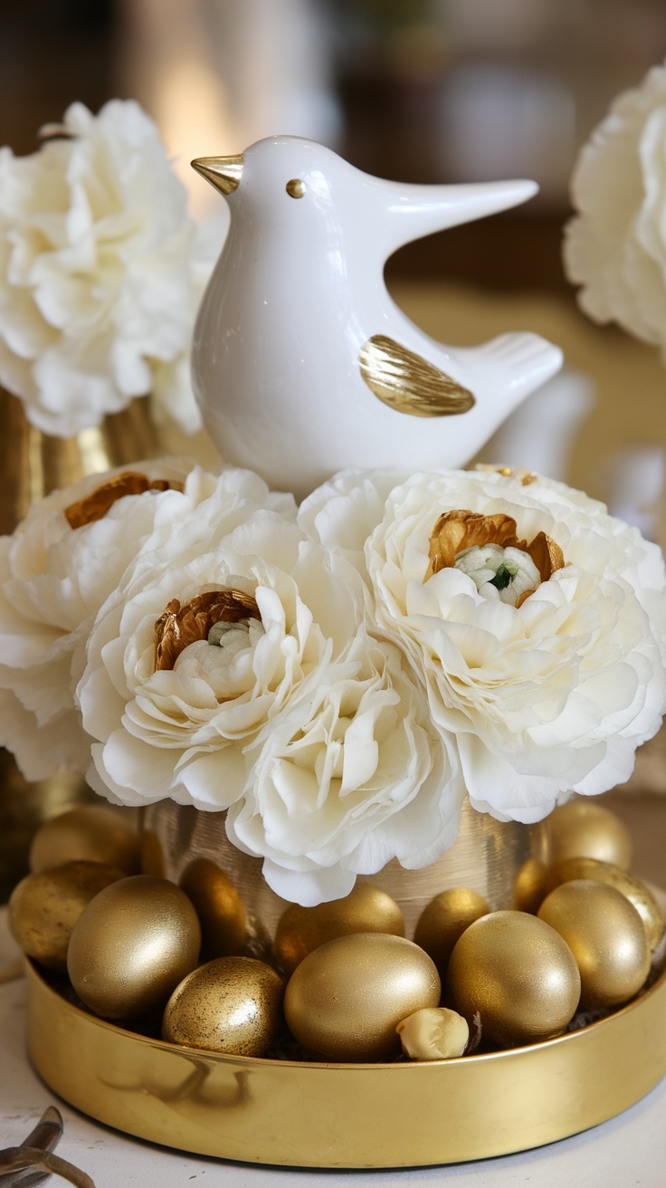 Elegant white and gold Easter centerpiece with flowers and a bird figurine.