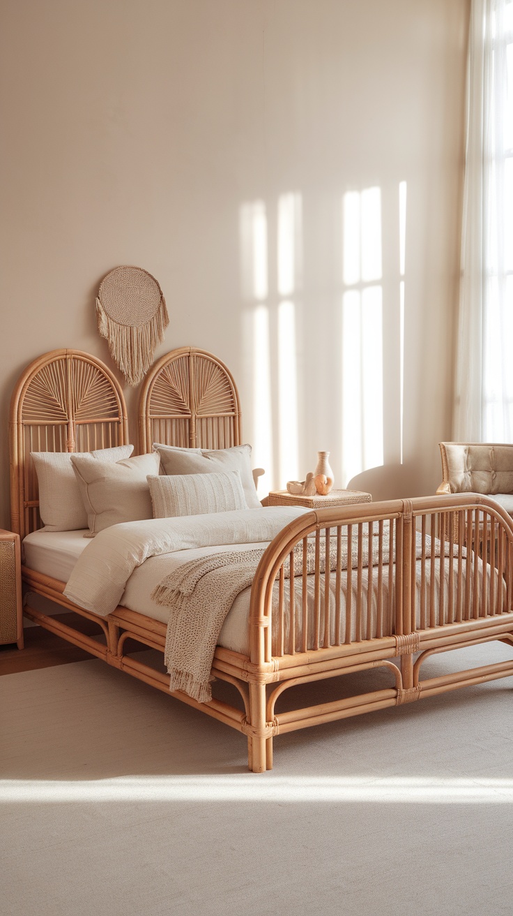 A beautifully styled rattan bedroom featuring a rattan bed frame, soft linens, and warm decor.