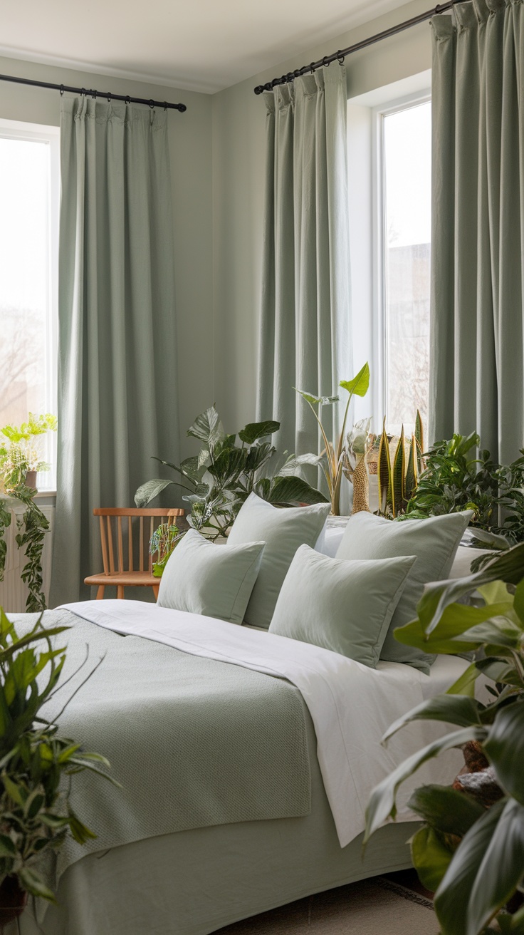 A serene bedroom featuring sage green accents, soft bedding, and various houseplants.