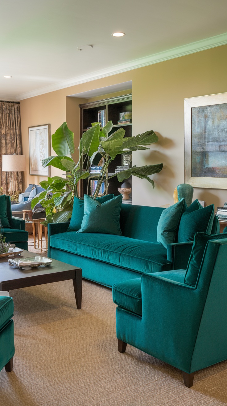 A cozy living room featuring emerald green furniture with blue accents.