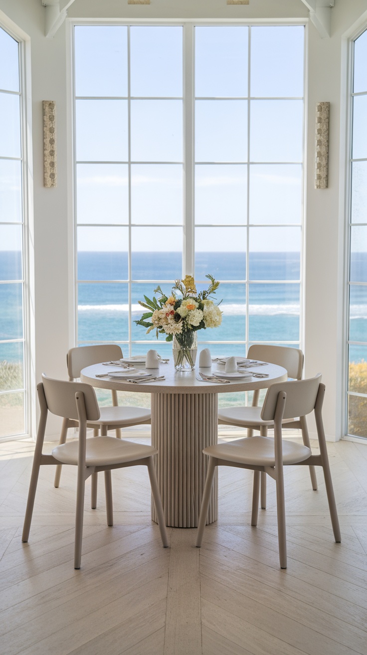 A coastal dining room with a round table and chairs, showcasing a view of the ocean.