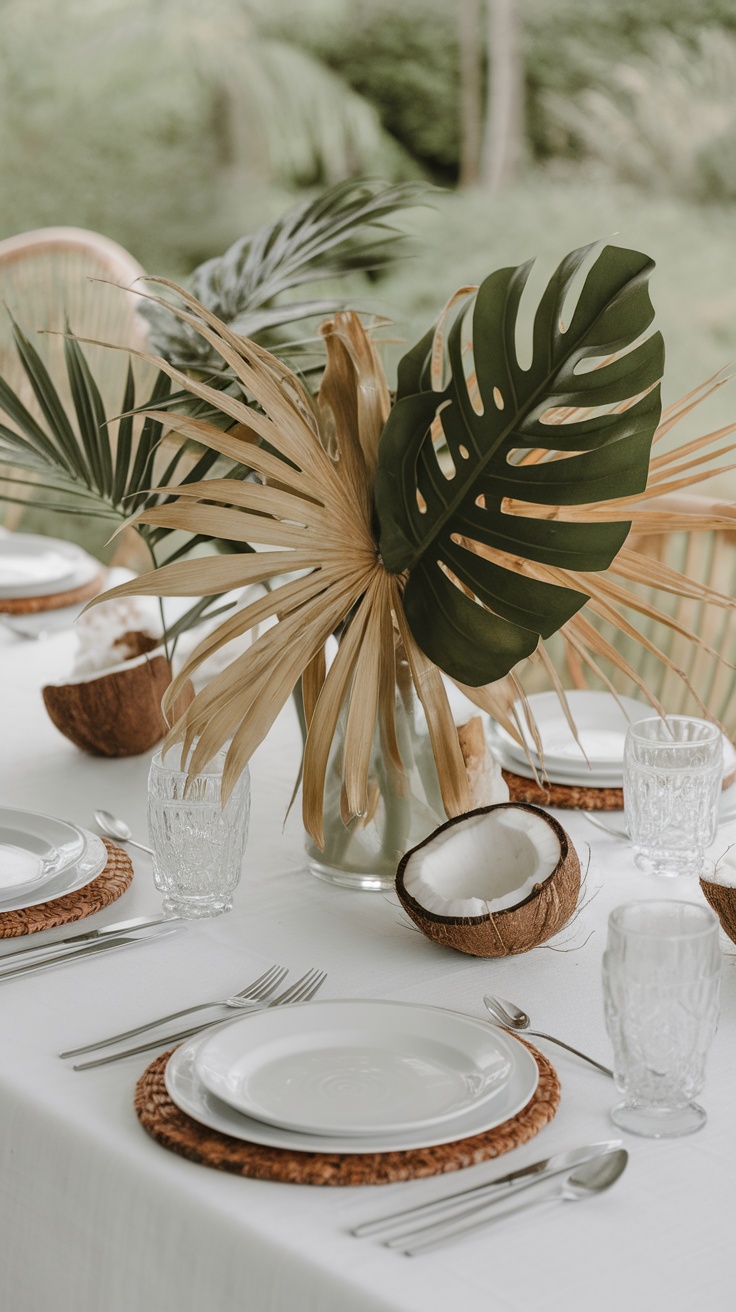 Tropical centerpiece with exotic foliage and coconut halves on a table setting.