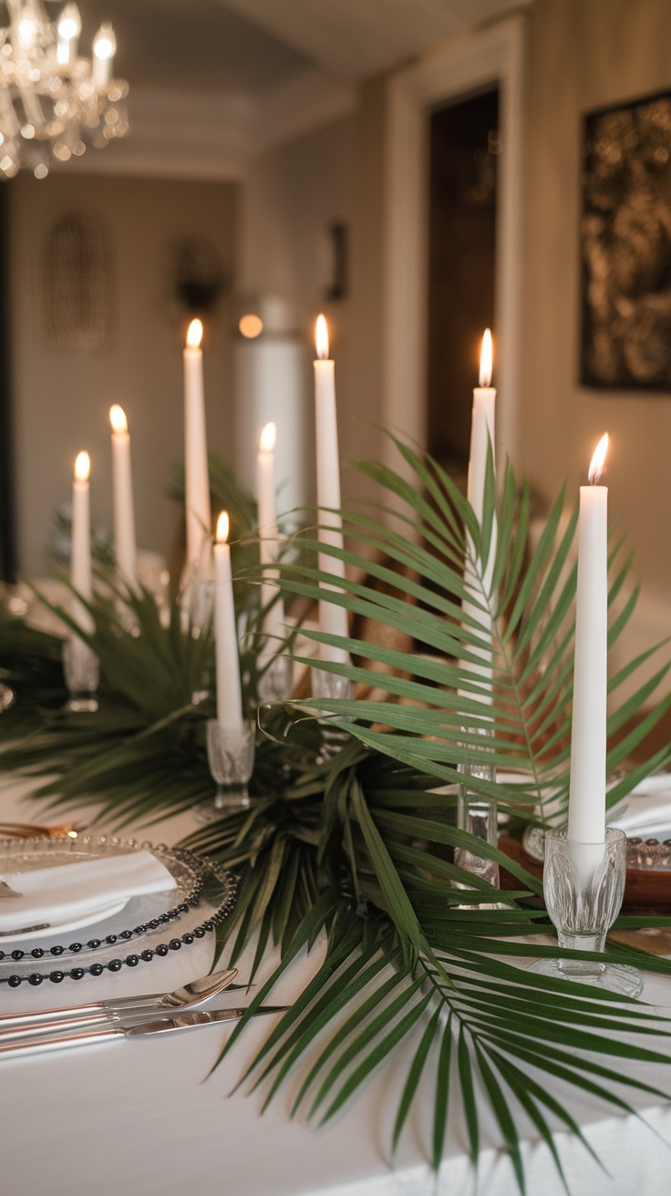 A decorated table featuring palm leaves and white candles as a centerpiece.