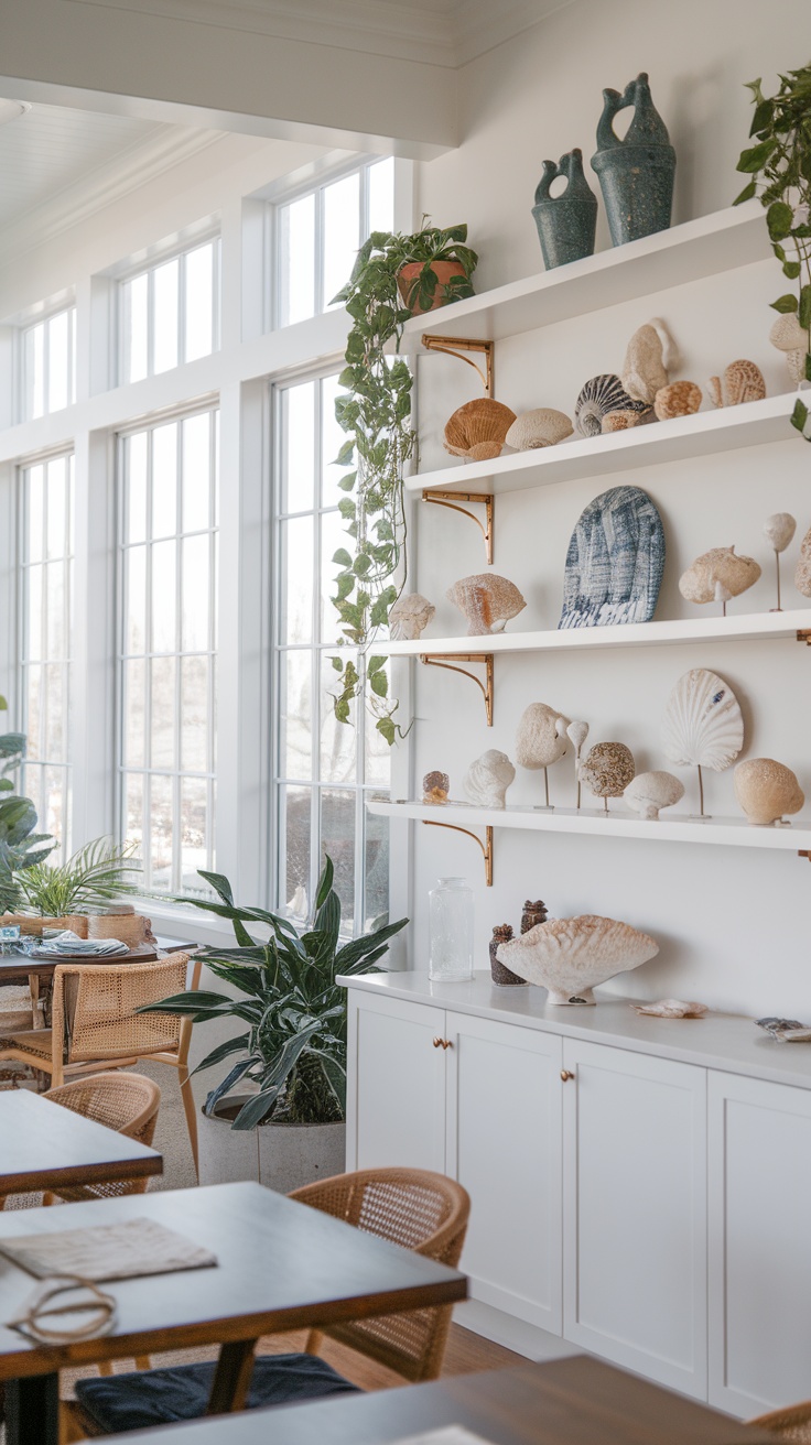 Open shelving displaying coastal decor including seashells and plants.