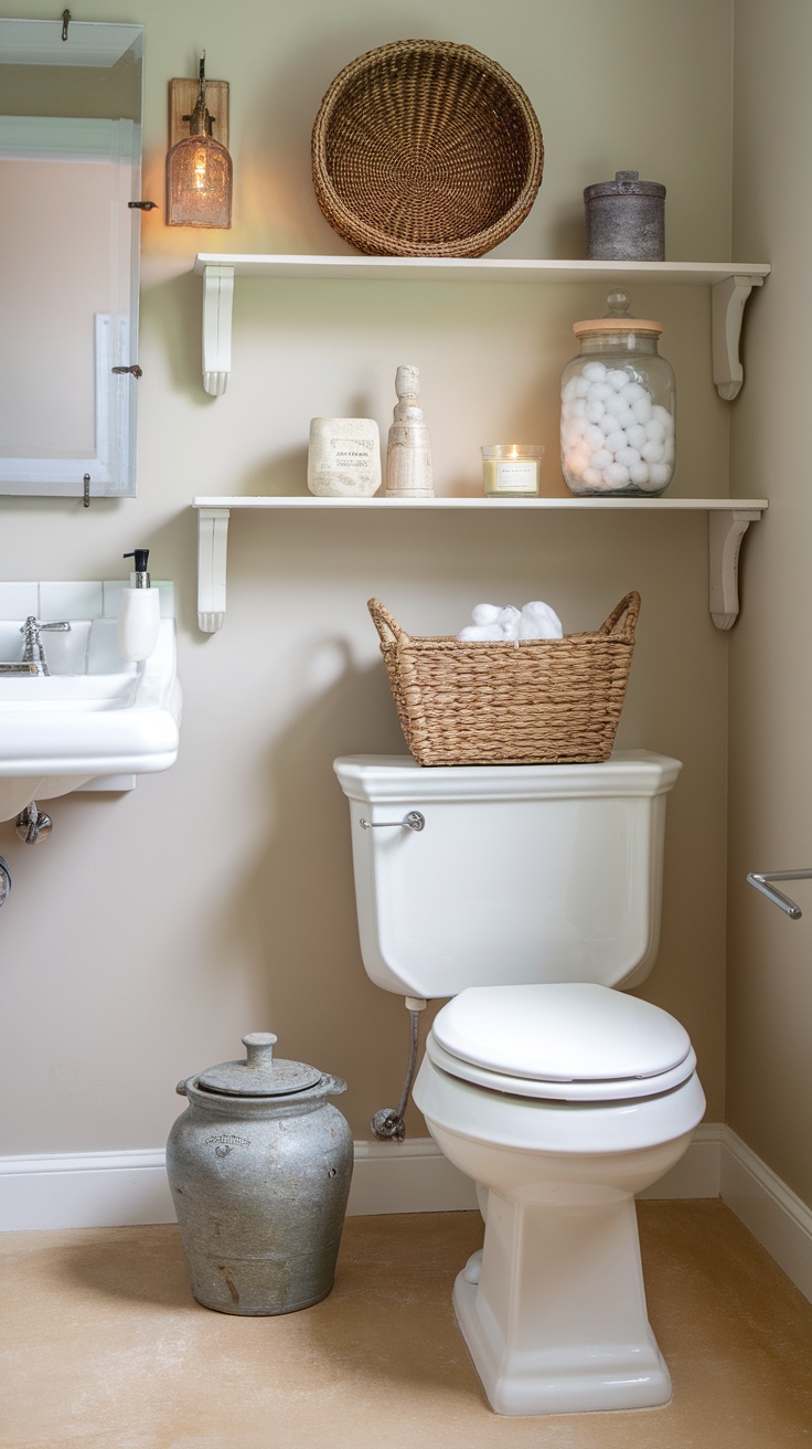 Modern farmhouse bathroom with rustic accessories and decor.