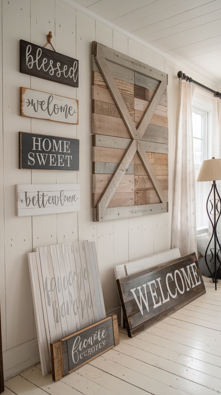 A collection of farmhouse-inspired wall decor including wooden signs with messages like 'Blessed' and 'Welcome.'