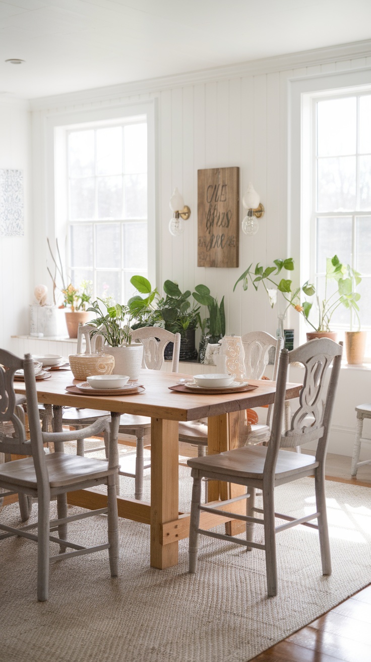 A bright farmhouse-style dining room featuring a wooden table and rustic dining chairs.