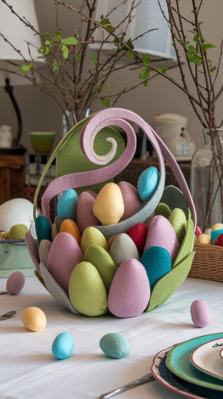 A colorful felt and fabric Easter egg centerpiece in a basket.