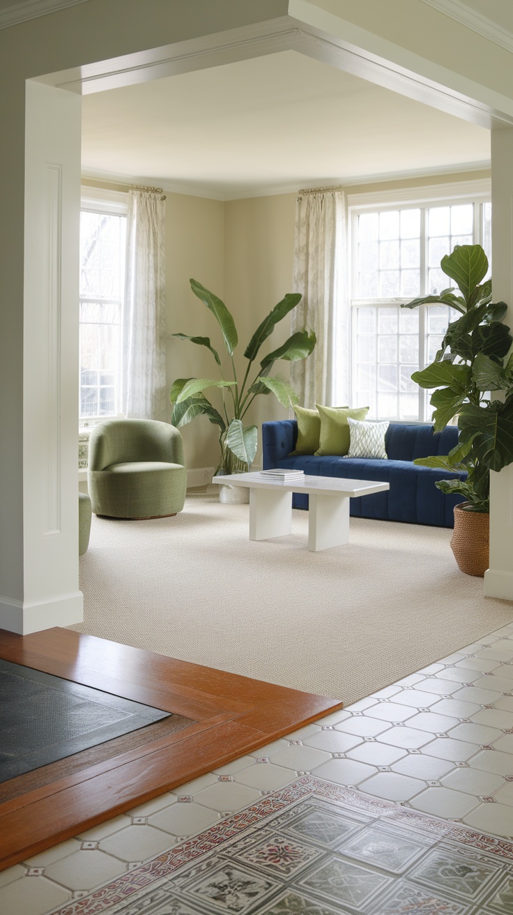 A bright and cozy blue and green living room with large windows and plants.