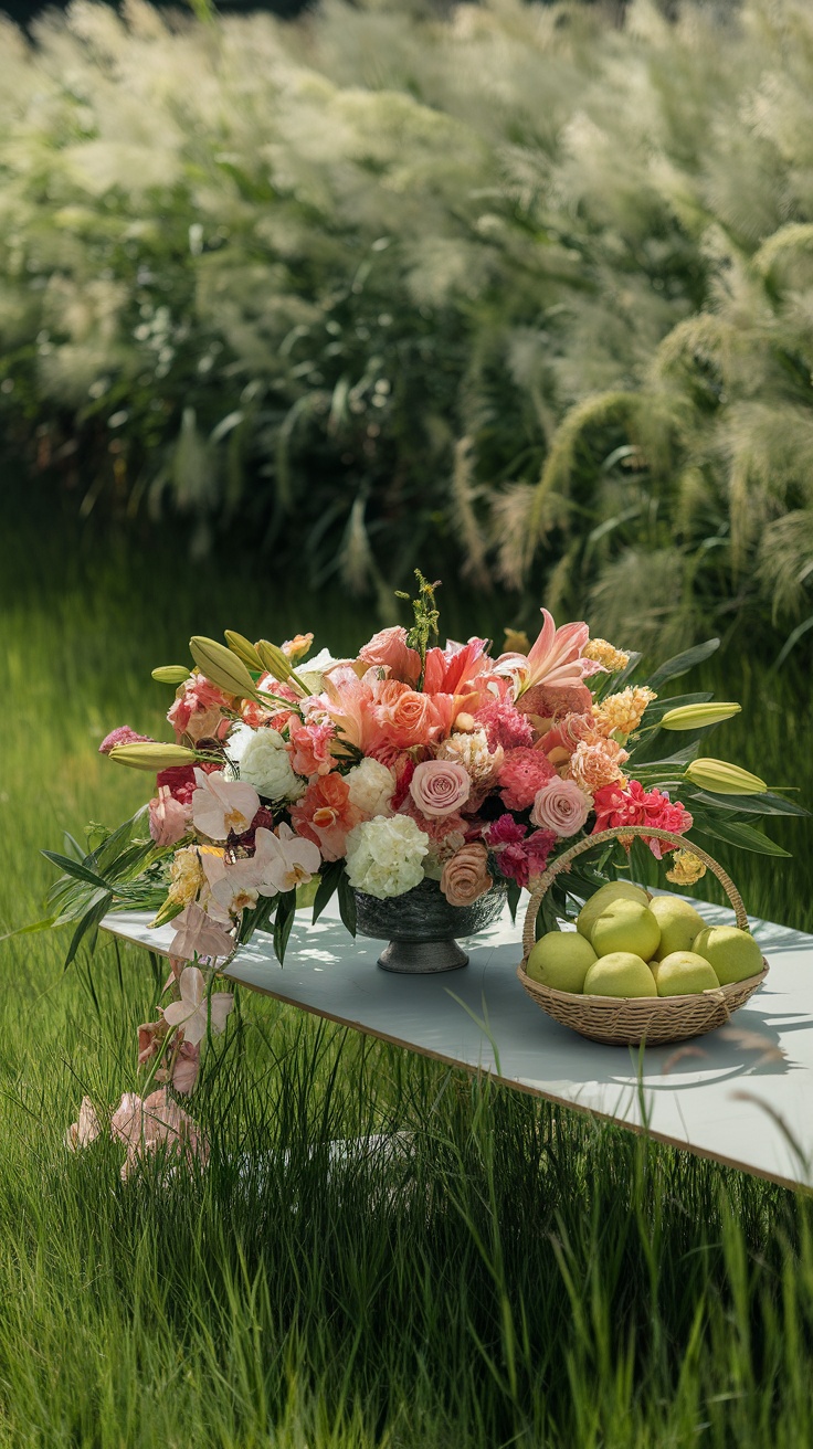 A colorful floral arrangement featuring flowers and a basket of guava.