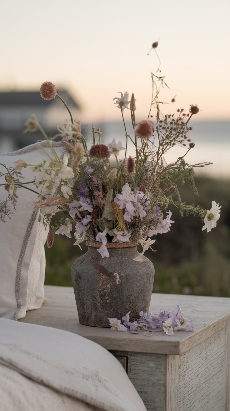 A rustic vase filled with wildflowers on a bedside table.