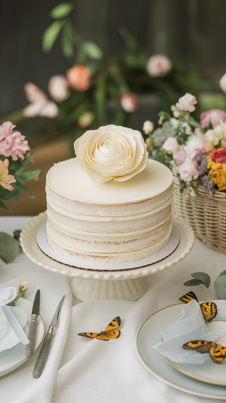 A beautiful floral buttercream cake with a large cream flower on top, surrounded by pastel flowers and butterflies.